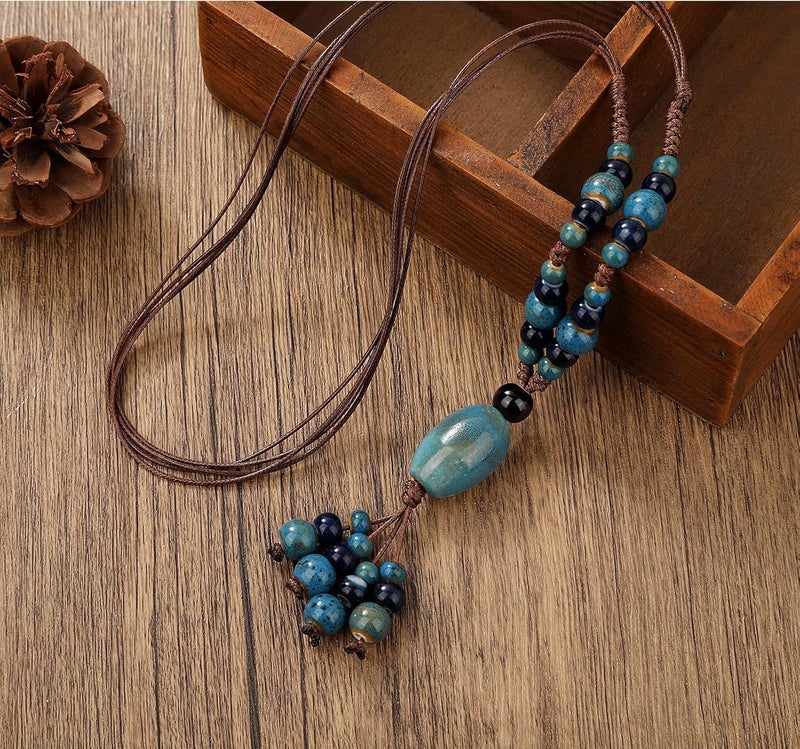 DS Boho Beaded Necklace for Women–Colorful Ceramic & African Tribal Beads, Adjustable Long Chunky Bohemian Jewelry with Gift Box Packaging,Hippie Witchy Vintage Handmade Fashion Statement Necklace - Image 3